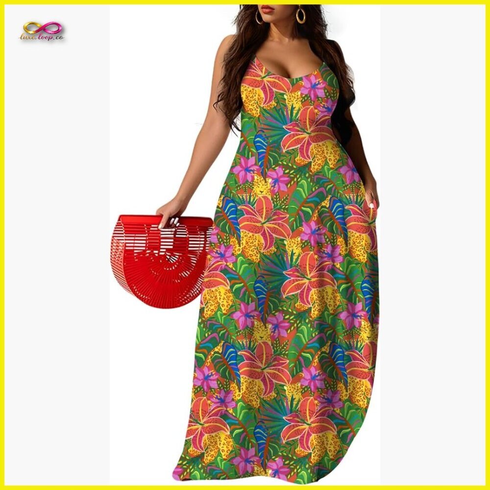 Boho Maxi Dress Adjustable Straps Wrap Style Tropical Print Summer Beach